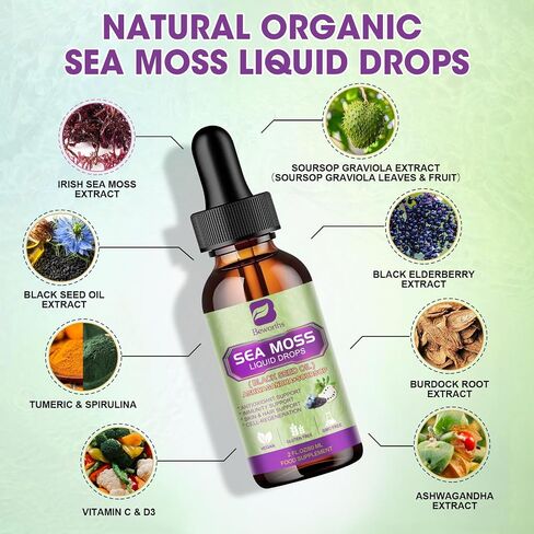 Sea Moss Liquid Drops - Irish Sea Moss Black Seed Oil with Ashwagandha, Soursop Bitters, Elderberry, Burdock Root, Bladderwrack, Multimineral Seamoss Supplement Support Antioxidant, Immune, Gut Health in Saudi Arabia