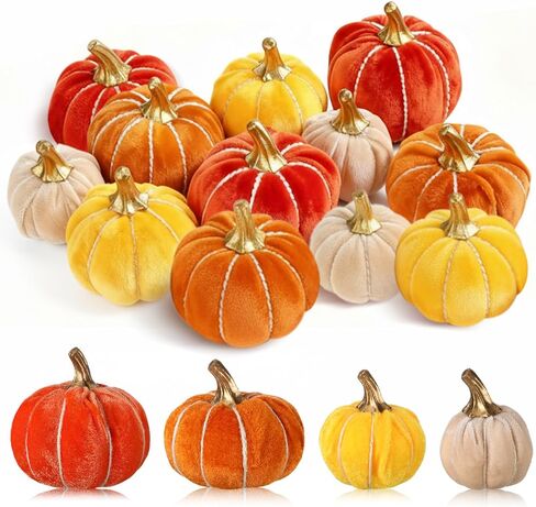 Weysat 12 Pcs Fall Velvet Pumpkins Decorations, 4 Sizes Artificial Pumpkins Table Centerpiece Fake Pumpkin Decor for Thanksgiving Autumn Wedding Farmhouse and Home Decor(Rustic) in Saudi Arabia