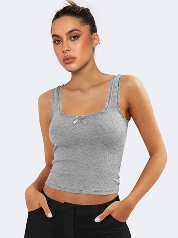 Women Cute Tank Crop Top Y2K Lace Trim Going Out Crop Tops Kawaii Square Neck Top Fairycore Clothing Coquette Cami Top in Kuwait