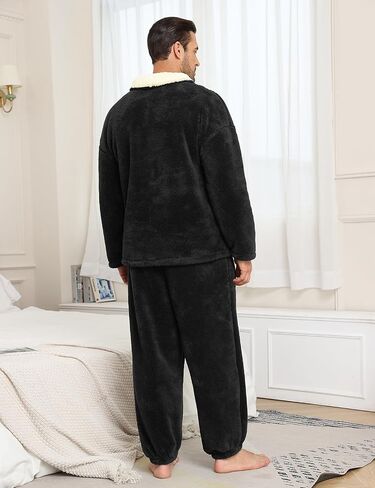 Mens Pajamas Set Long Sleeve Soft Fleece Fluffy Sleepwear Winter Warm Pjs Lounge Sets Flannel Sleepwear with Pockets in Saudi Arabia