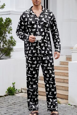 Yozly Mens Silk Satin Pajamas Set Button-Down Loungewear 2 pcs pj set long sleeve sleepy with pants s-xxxl long in Kuwait