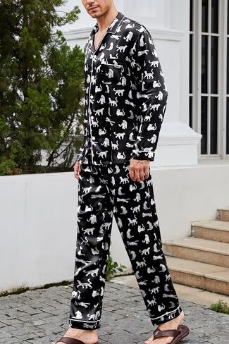 Yozly Mens Silk Satin Pajamas Set Button-Down Loungewear 2 pcs pj set long sleeve sleepy with pants s-xxxl long in Kuwait
