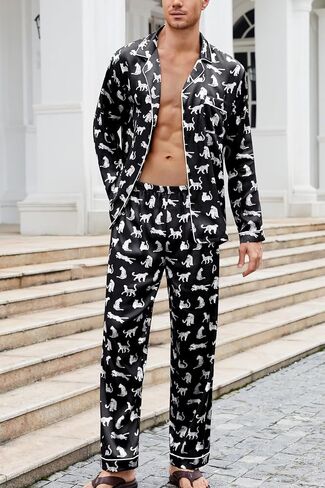 Yozly Mens Silk Satin Pajamas Set Button-Down Loungewear 2 pcs pj set long sleeve sleepy with pants s-xxxl long in Kuwait