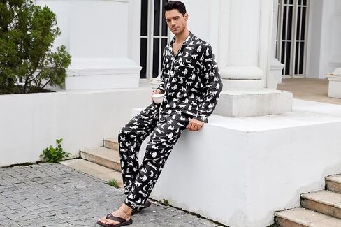 Yozly Mens Silk Satin Pajamas Set Button-Down Loungewear 2 pcs pj set long sleeve sleepy with pants s-xxxl long in Kuwait
