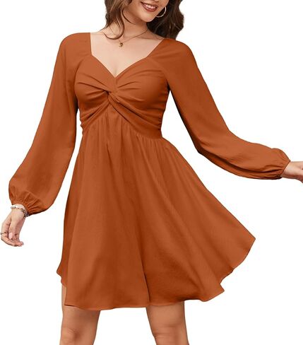 Florboom Women's Sweetheart Knot Front Dress Lantern Long Sleeve Smocked Back A-Line Chiffon Mini Dresses in Kuwait