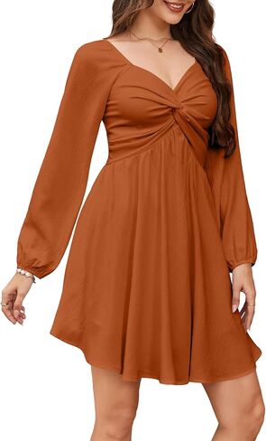 Florboom Women's Sweetheart Knot Front Dress Lantern Long Sleeve Smocked Back A-Line Chiffon Mini Dresses in Kuwait