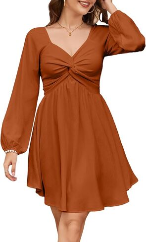 Florboom Women's Sweetheart Knot Front Dress Lantern Long Sleeve Smocked Back A-Line Chiffon Mini Dresses in Kuwait