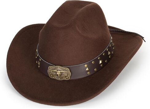 Classic Western-Cowboy-Hats-Women-Men - Wide-Brim Felt-Fedora Upturn-Bull-Head Cowgirl-Hat with Buckle Belt in Saudi Arabia