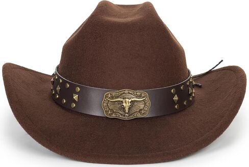 Classic Western-Cowboy-Hats-Women-Men - Wide-Brim Felt-Fedora Upturn-Bull-Head Cowgirl-Hat with Buckle Belt in Saudi Arabia