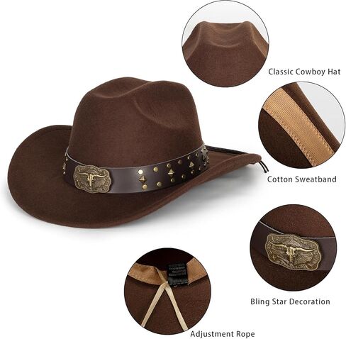 Classic Western-Cowboy-Hats-Women-Men - Wide-Brim Felt-Fedora Upturn-Bull-Head Cowgirl-Hat with Buckle Belt in Saudi Arabia