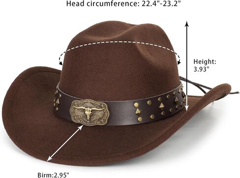 Classic Western-Cowboy-Hats-Women-Men - Wide-Brim Felt-Fedora Upturn-Bull-Head Cowgirl-Hat with Buckle Belt in Saudi Arabia