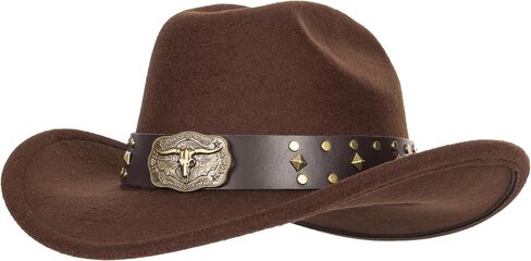 Classic Western-Cowboy-Hats-Women-Men - Wide-Brim Felt-Fedora Upturn-Bull-Head Cowgirl-Hat with Buckle Belt in Saudi Arabia