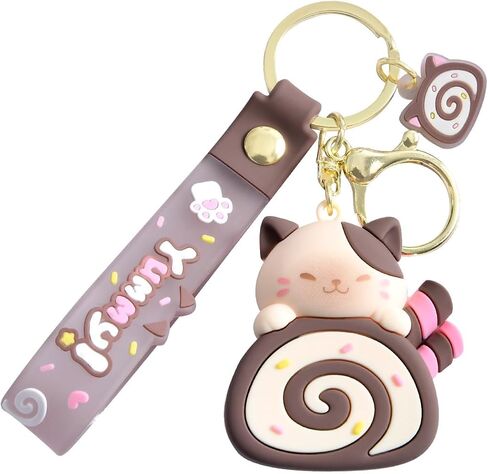Girly Super Cute Lovely Pink Brown Swiss Roll Bread Cake Cat Kitty Panda Keychain Key Ring Bag Charm Pendant in Kuwait