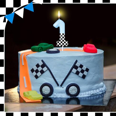 Mtlee Racing Car تحت عنوان عيد ميلاد شموع عيد ميلاد كعكة شمعة Topper Blue أسود أبيض المتقلب العلم واحد اللوازم لسباق سيارات الحفلة دش الطفل للبنين (رقم 1) in Saudi Arabia