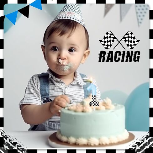 Mtlee Racing Car تحت عنوان عيد ميلاد شموع عيد ميلاد كعكة شمعة Topper Blue أسود أبيض المتقلب العلم واحد اللوازم لسباق سيارات الحفلة دش الطفل للبنين (رقم 1) in Saudi Arabia