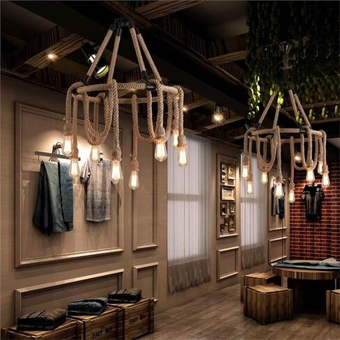 Lnptal Rustic Rope Respherelier ، مصباح معلق مزرعة مزرعة 6 خلاصة مع قاعدة E27 ، مصباح سقف حبل القنب العتيق لغرفة الطعام وغرفة المعيشة والبار in Saudi Arabia