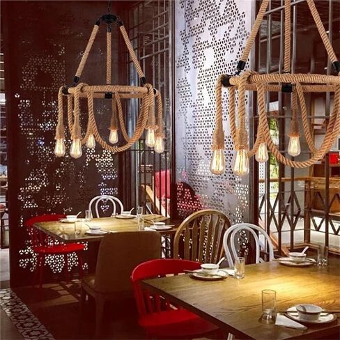 Lnptal Rustic Rope Respherelier ، مصباح معلق مزرعة مزرعة 6 خلاصة مع قاعدة E27 ، مصباح سقف حبل القنب العتيق لغرفة الطعام وغرفة المعيشة والبار in Saudi Arabia