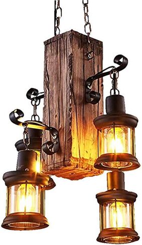 Lnptal Rustic Wood Beam Beam الثريا ، مصباح معلق صناعي مزرعة مزرعة من 4 خلاف مع ظلال فانوس ، لاعبة سقف خشبي عتيقة لغرفة الطعام ، جزيرة المطبخ ، البار in Saudi Arabia