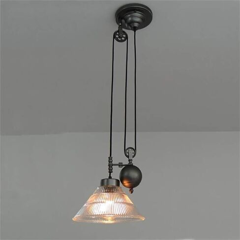 LNPTAL Industrial Pulley Pendant Light, Adjustable Loft Style Hanging Ceiling Fixture with Ribbed Glass Shade, Vintage Farmhouse Retractable Chandelier for Kitchen Island in Saudi Arabia