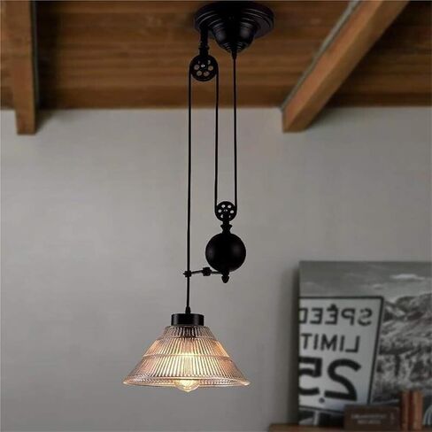 LNPTAL Industrial Pulley Pendant Light, Adjustable Loft Style Hanging Ceiling Fixture with Ribbed Glass Shade, Vintage Farmhouse Retractable Chandelier for Kitchen Island in Saudi Arabia