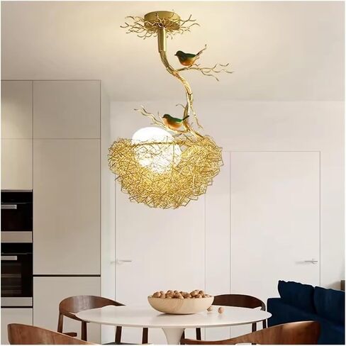 Lnptal Creative Bird’s Nest Light Light Light ، و Gold Semi Mount Mount Lighting Thup مع الطيور الزخرفية ، ومصباح سقف مستوحى من الطبيعة الريفية غرفة نوم لحضانة غرفة الأطفال in Saudi Arabia