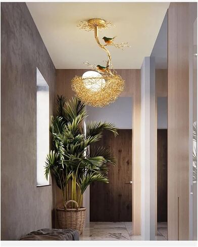 Lnptal Creative Bird’s Nest Light Light Light ، و Gold Semi Mount Mount Lighting Thup مع الطيور الزخرفية ، ومصباح سقف مستوحى من الطبيعة الريفية غرفة نوم لحضانة غرفة الأطفال in Saudi Arabia