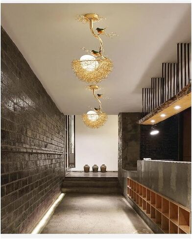 Lnptal Creative Bird’s Nest Light Light Light ، و Gold Semi Mount Mount Lighting Thup مع الطيور الزخرفية ، ومصباح سقف مستوحى من الطبيعة الريفية غرفة نوم لحضانة غرفة الأطفال in Saudi Arabia