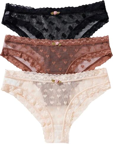 Shenhe Women's 3 Pack Heart Mesh Banties Lace Trim See من خلال مربعات محبو موسيقى الجاز الداخلية in Saudi Arabia