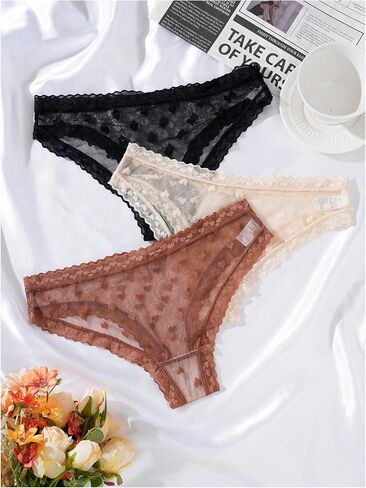 Shenhe Women's 3 Pack Heart Mesh Banties Lace Trim See من خلال مربعات محبو موسيقى الجاز الداخلية in Saudi Arabia