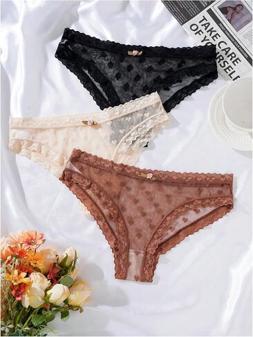 Shenhe Women's 3 Pack Heart Mesh Banties Lace Trim See من خلال مربعات محبو موسيقى الجاز الداخلية in Saudi Arabia