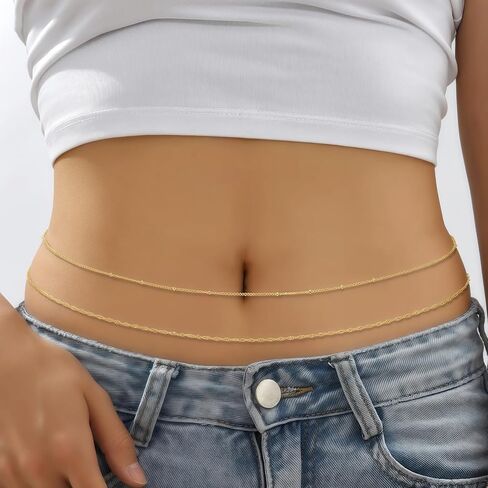 سلسلة خصر مطلية بالذهب 14K للنساء ، 2pcs قابلة للتعديل حبات اللؤلؤ ، وملحقات مجوهرات البطن الصيفية ذات الطبقات الصيفية in Kuwait