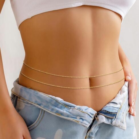 سلسلة خصر مطلية بالذهب 14K للنساء ، 2pcs قابلة للتعديل حبات اللؤلؤ ، وملحقات مجوهرات البطن الصيفية ذات الطبقات الصيفية in Kuwait
