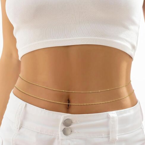 سلسلة خصر مطلية بالذهب 14K للنساء ، 2pcs قابلة للتعديل حبات اللؤلؤ ، وملحقات مجوهرات البطن الصيفية ذات الطبقات الصيفية in Kuwait