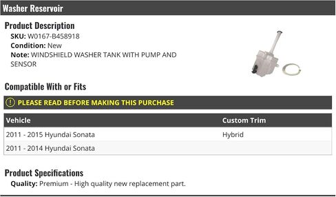 Windshield Washer Reservoir Tank with Pump and Sensor - Compatible with 2011-2015 Hyundai Sonata in Saudi Arabia