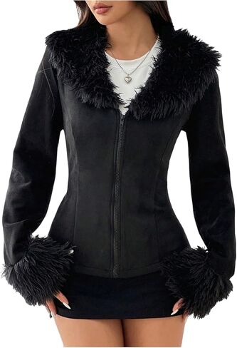 WDIRARA Women's Faux Fur Collar Zip Up Jacket Long Sleeve Suede Jacket Outerwear in Saudi Arabia