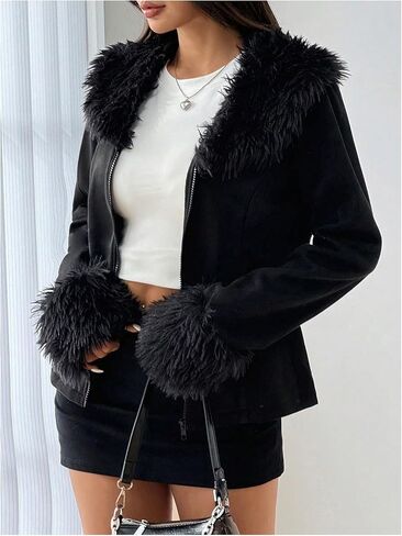 WDIRARA Women's Faux Fur Collar Zip Up Jacket Long Sleeve Suede Jacket Outerwear in Saudi Arabia