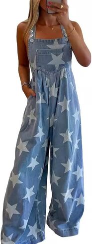 chouyatou Women's Loose Adjustable Strap Denim Bib Overalls Stars Print Wide Leg Baggy Long Jeans Jumpsuit in Saudi Arabia