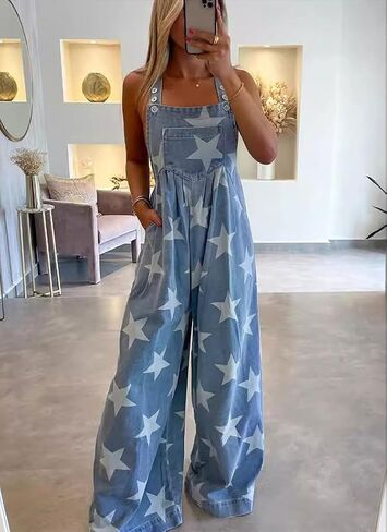 chouyatou Women's Loose Adjustable Strap Denim Bib Overalls Stars Print Wide Leg Baggy Long Jeans Jumpsuit in Saudi Arabia