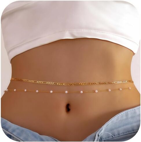 سلسلة خصر مطلية بالذهب 14K للنساء ، 2pcs قابلة للتعديل حبات اللؤلؤ ، وملحقات مجوهرات البطن الصيفية ذات الطبقات الصيفية in Kuwait