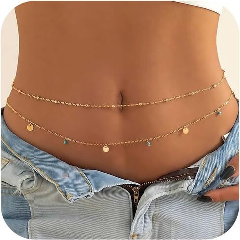 سلسلة خصر مطلية بالذهب 14K للنساء ، 2pcs قابلة للتعديل حبات اللؤلؤ ، وملحقات مجوهرات البطن الصيفية ذات الطبقات الصيفية in Kuwait