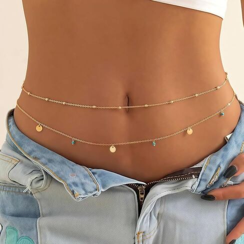 سلسلة خصر مطلية بالذهب 14K للنساء ، 2pcs قابلة للتعديل حبات اللؤلؤ ، وملحقات مجوهرات البطن الصيفية ذات الطبقات الصيفية in Kuwait