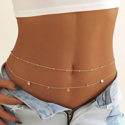 سلسلة خصر مطلية بالذهب 14K للنساء ، 2pcs قابلة للتعديل حبات اللؤلؤ ، وملحقات مجوهرات البطن الصيفية ذات الطبقات الصيفية in Kuwait