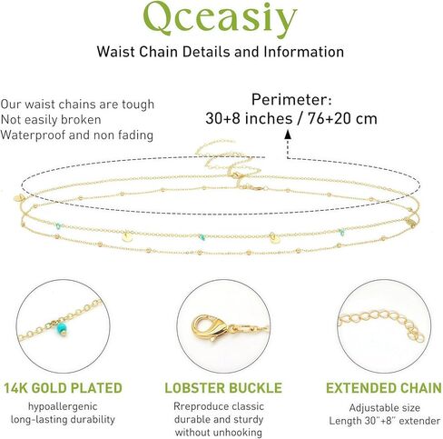 سلسلة خصر مطلية بالذهب 14K للنساء ، 2pcs قابلة للتعديل حبات اللؤلؤ ، وملحقات مجوهرات البطن الصيفية ذات الطبقات الصيفية in Kuwait