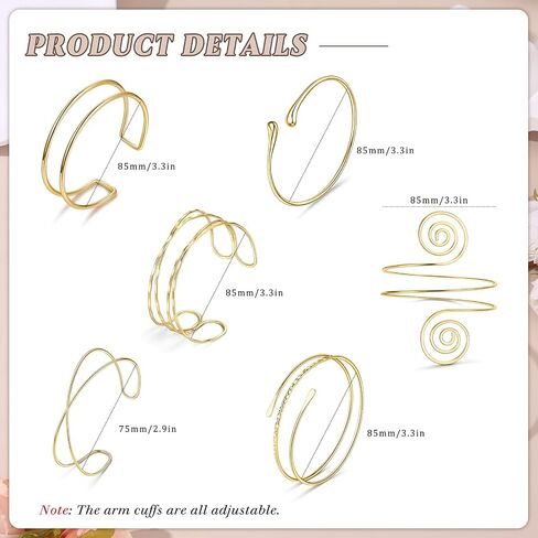 6 Pieces 14K Gold Plated Arm Cuff for Women Upper Arm Band - Silver Cuff Bracelet Bangle for Women Adjustable Armband Set in Saudi Arabia