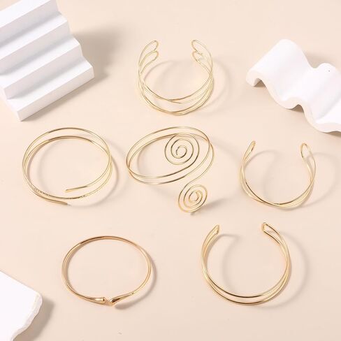 6 Pieces 14K Gold Plated Arm Cuff for Women Upper Arm Band - Silver Cuff Bracelet Bangle for Women Adjustable Armband Set in Saudi Arabia
