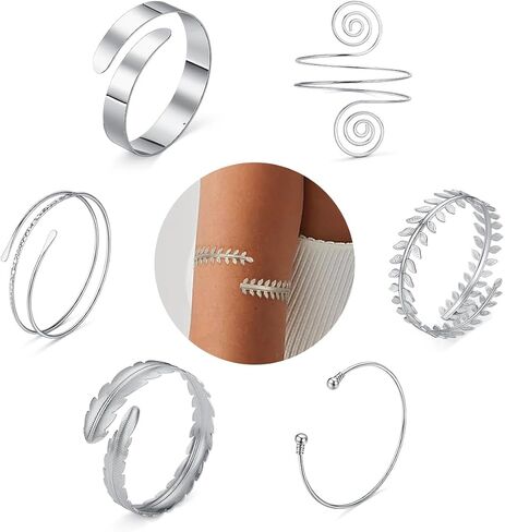 6 Pieces 14K Gold Plated Arm Cuff for Women Upper Arm Band - Silver Cuff Bracelet Bangle for Women Adjustable Armband Set in Kuwait