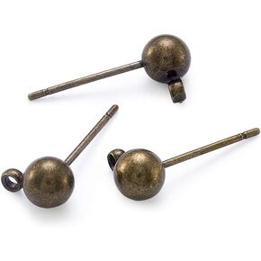 KISSITTY 100Pcs Antique Bronze Brass Solid Round Ball Post Stud Earrings with Loop for Jewelry Dangle Earring Making 16mm Long 5mm Ball