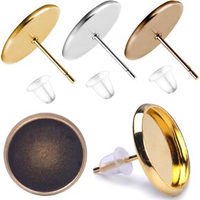 BronaGrand 50 Pieces Stainless Steel Stud Gold Earring Cabochon Setting Post Cup for 12mm and 50 Pieces Clear Rubber Earring Safety Backs