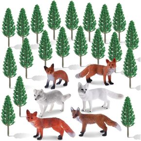 26 Pcs Fox Toy Figures Set Including Arctic Fox Red Foxes Figurines with Miniature Plastic Trees Mini Trees Animal Miniature Fox Cake Toppers for Kids Educational Toy Christmas Birthday Party Favors