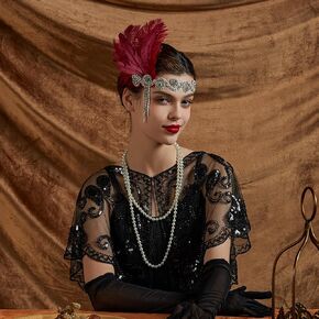 1920s Flapper Feather Headband Vintage Pearls Feather Lace Headpiece for Roaring 20s Gatsby Party Masquerade in Kuwait